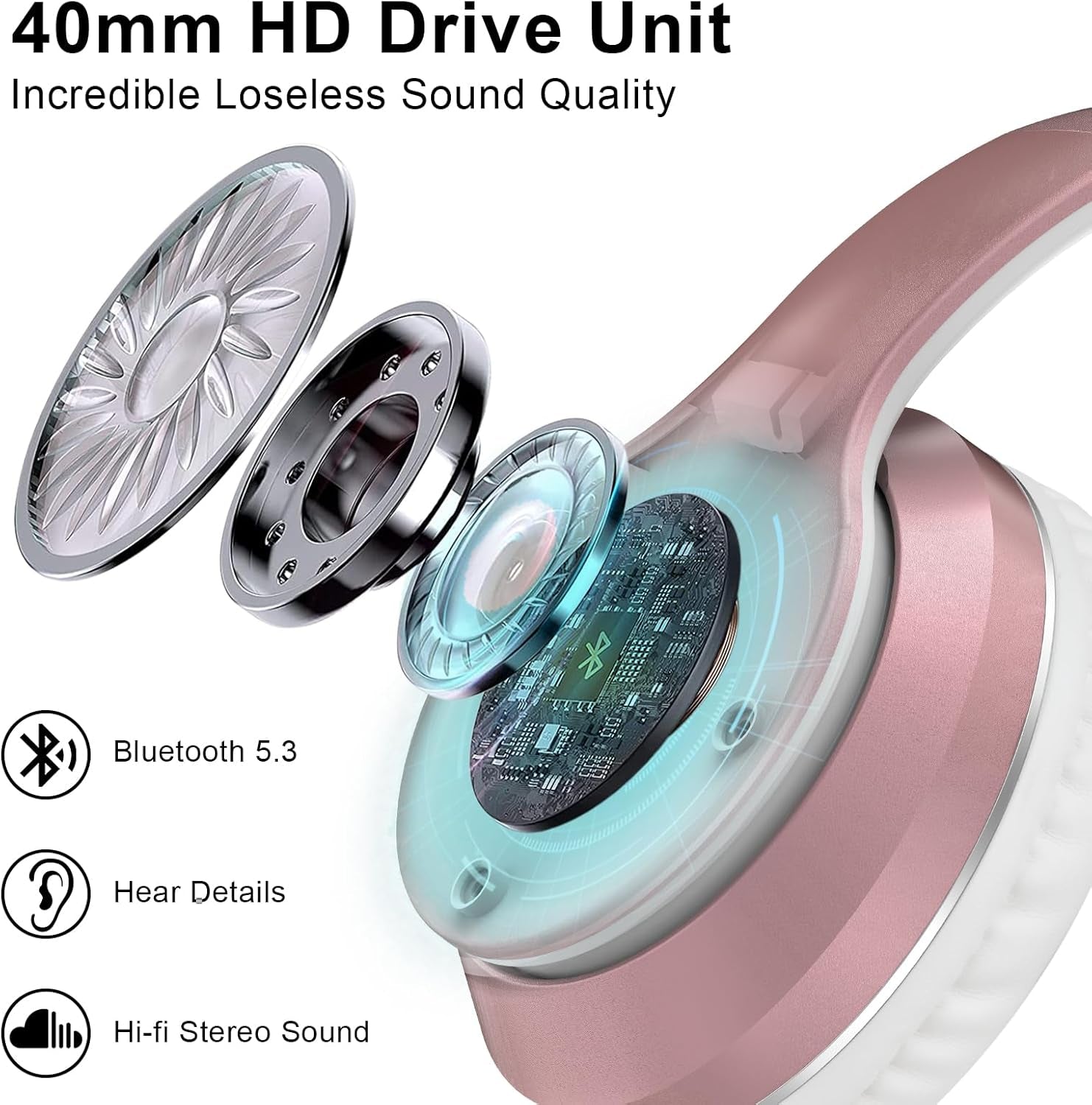 B9 Bluetooth Headphones Over-Ear, 3 EQ Music Modes and 50H Playtime Wireless Headphones with Mic, Hi-Fi Stereo Lightweight Folding Headset, Volume Control for Travel Tablet PC (Rose Gold)