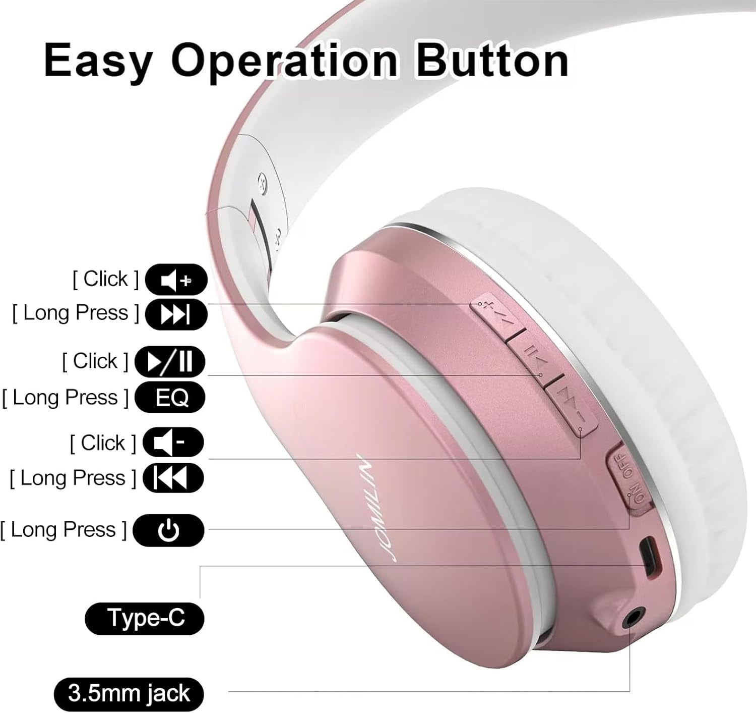 B9 Bluetooth Headphones Over-Ear, 3 EQ Music Modes and 50H Playtime Wireless Headphones with Mic, Hi-Fi Stereo Lightweight Folding Headset, Volume Control for Travel Tablet PC (Rose Gold)