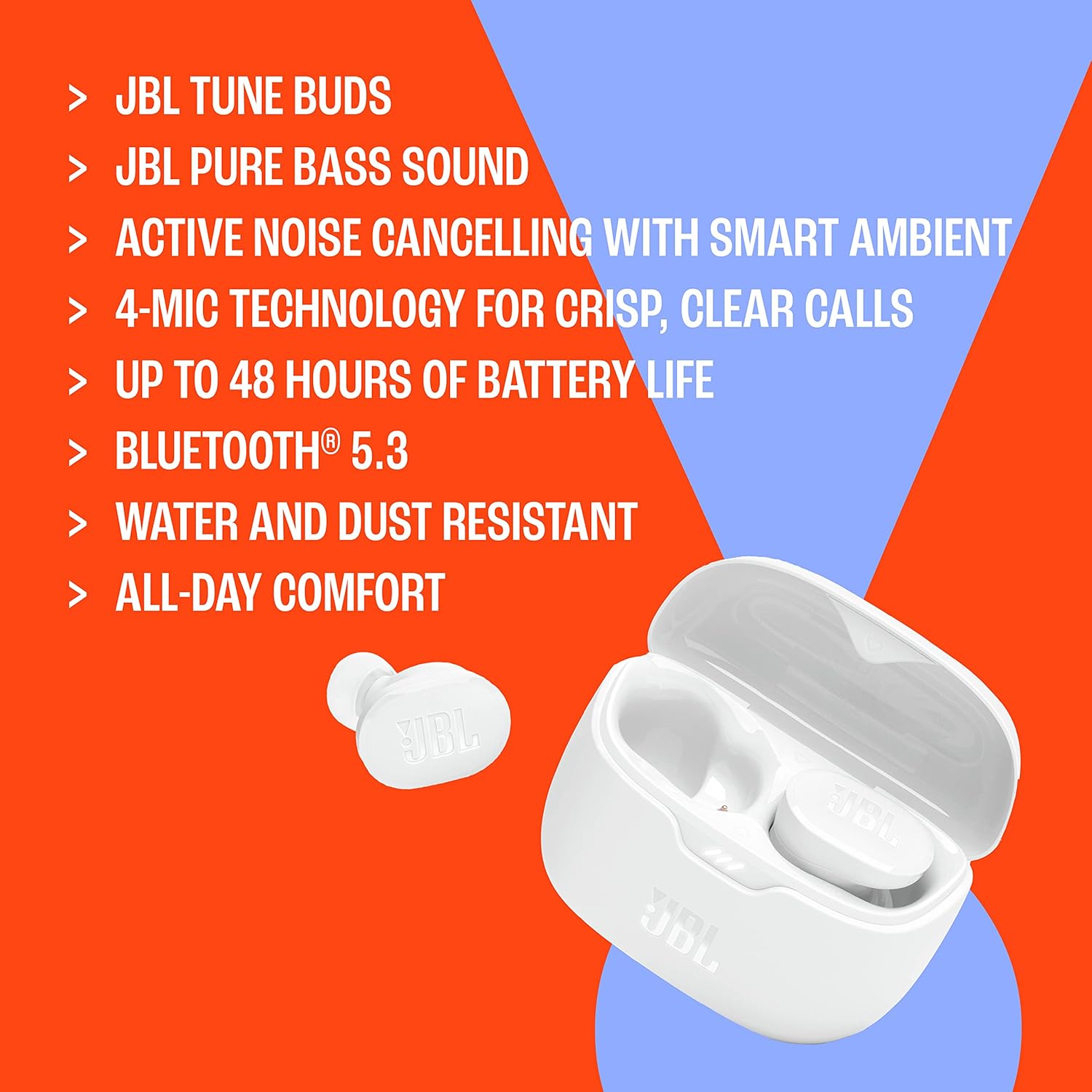 Tune Buds - True Wireless Noise Cancelling Earbuds,  Pure Bass Sound, Bluetooth 5.3, 4-Mic Technology for Crisp, Clear Calls, up to 48 Hours of Battery Life, Water and Dust Resistant (Black)