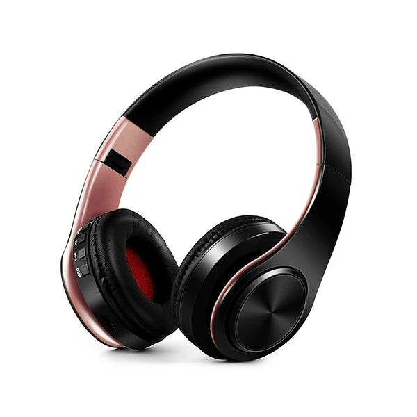 Black and rose gold headphones on a white background