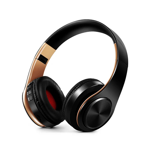 Black and gold headphones on a white background