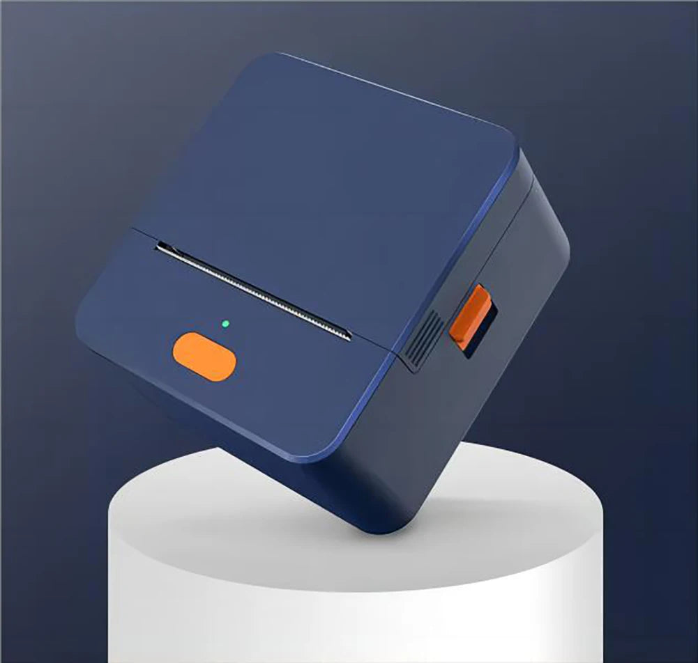 Blue electronic device with orange accents on a white platform against a dark background