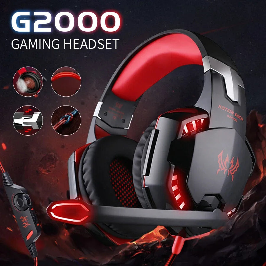 Gaming headset with red and black design on a dark background