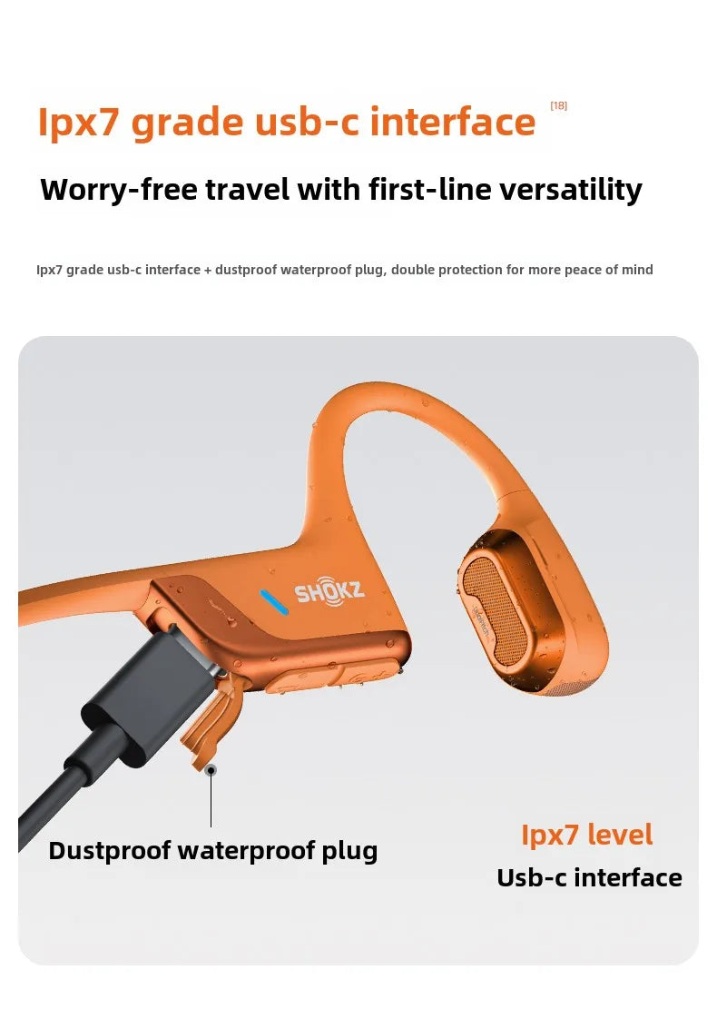Orange SHOKZ headphones with USB-C interface on a light gray background