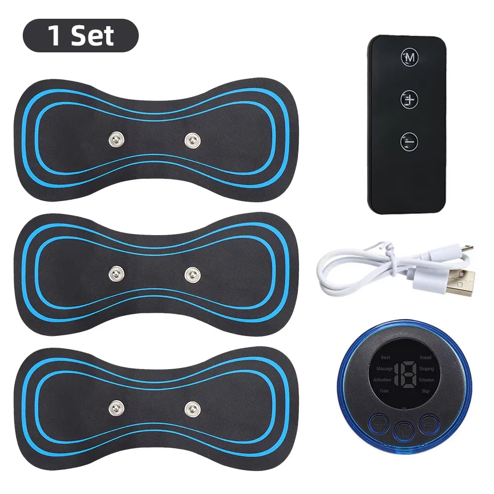 Set of electronic muscle stimulators with remote control and power cable on a white background