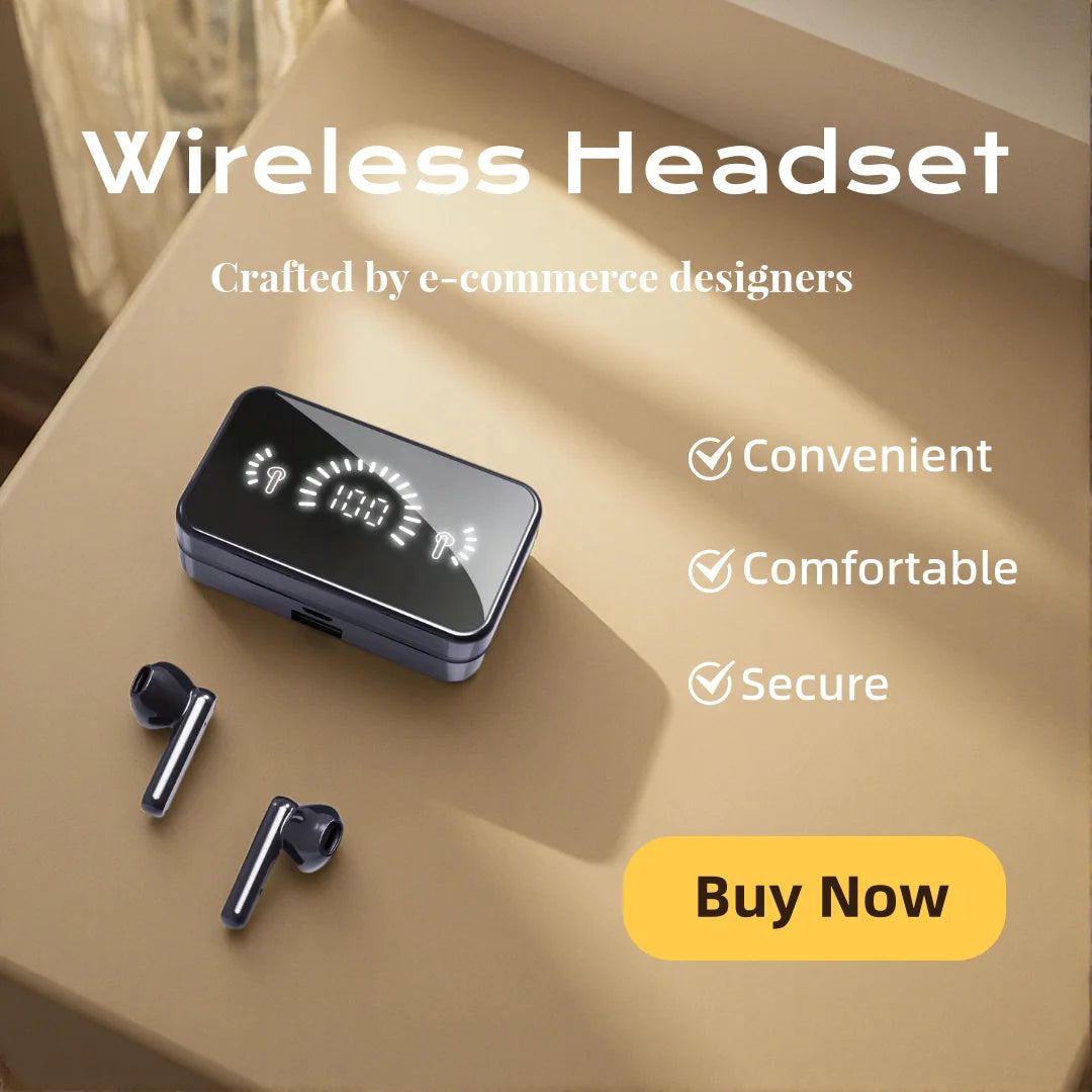 Wireless headset with charging case on a beige surface, featuring text about convenience, comfort, and security.