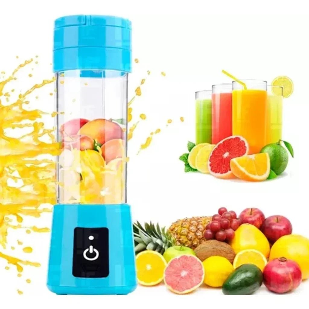 Blue portable blender with fruits and juice on a white background