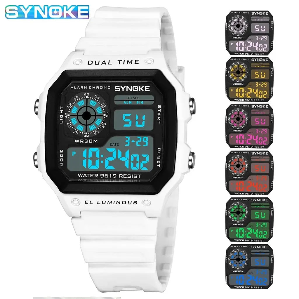 SYNOKE digital watch with white strap and multiple color options displayed.