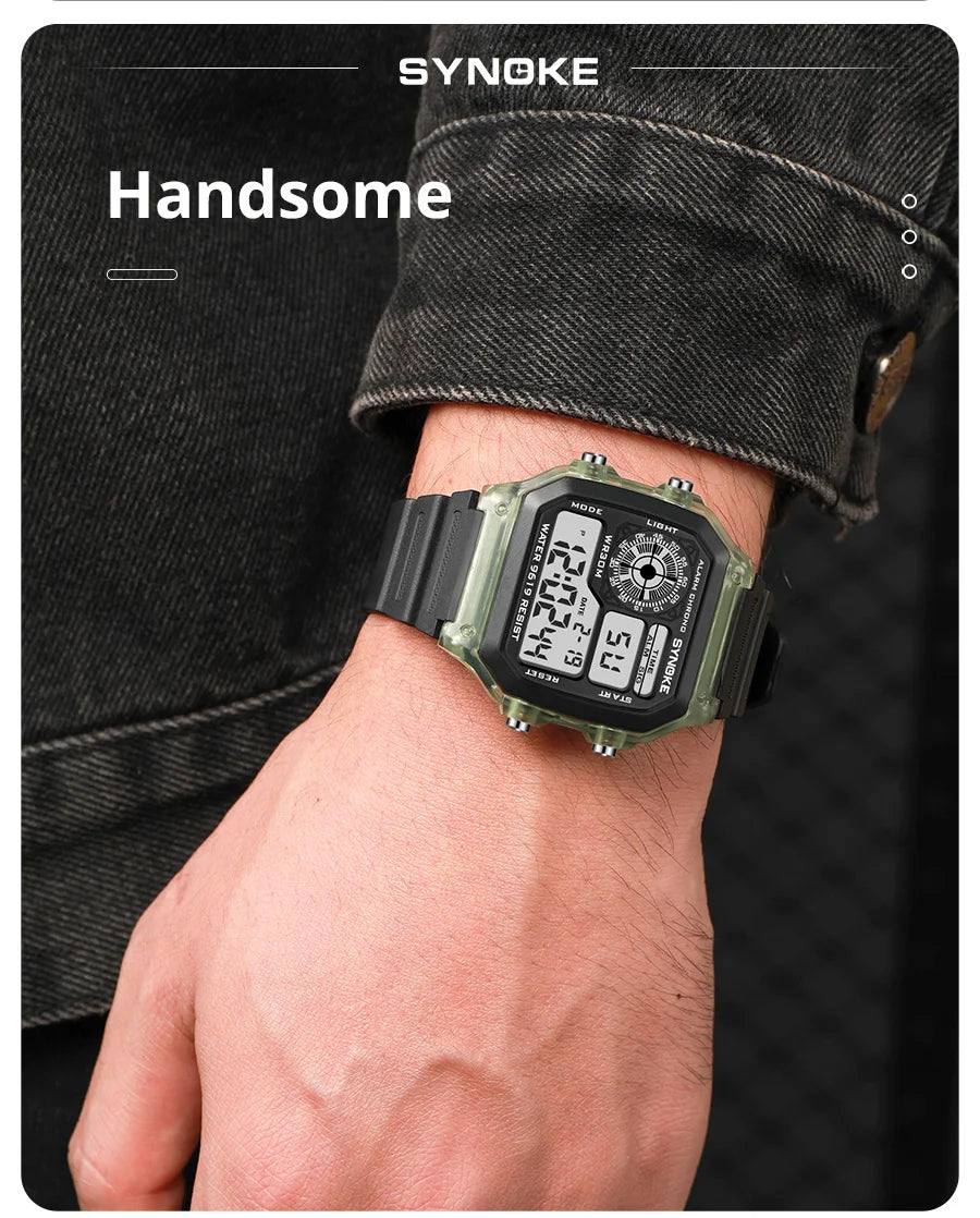 Digital watch on a wrist with 'SYNOKE' branding and text 'Handsome'.