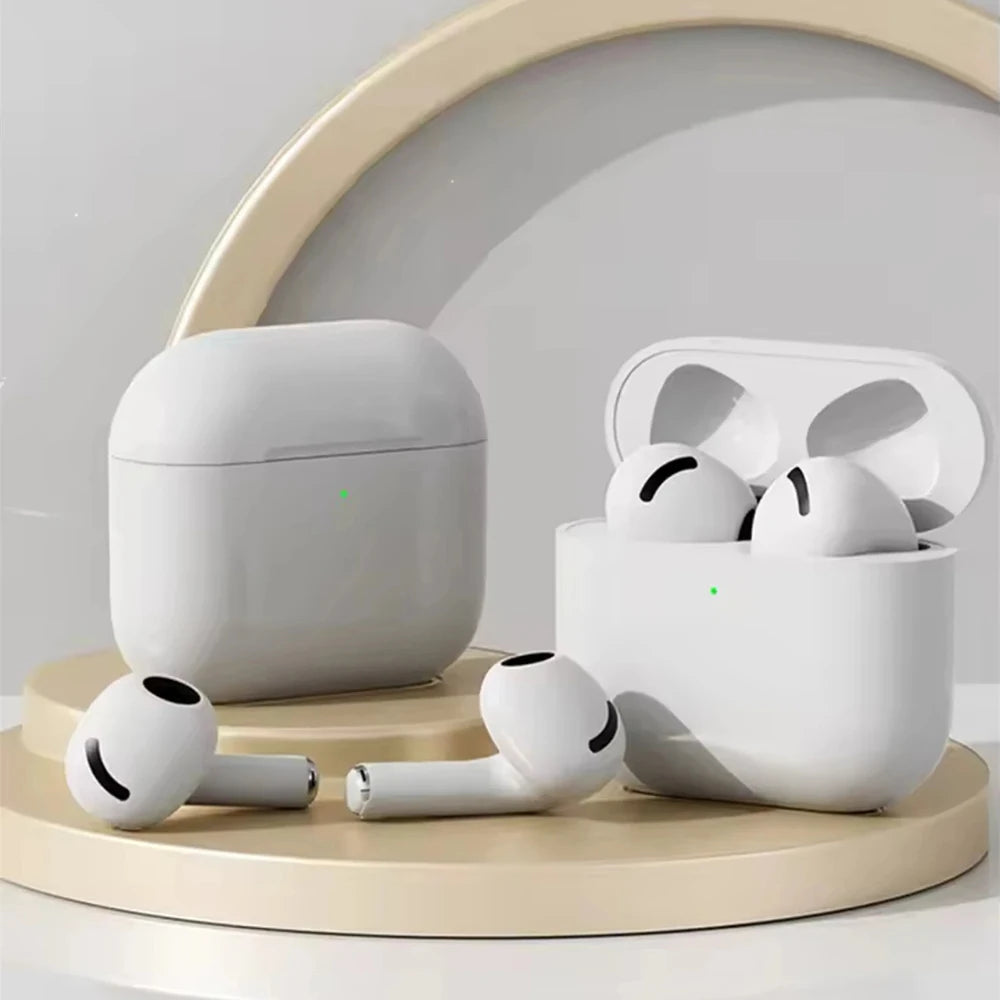 White wireless earbuds with charging case on a wooden stand