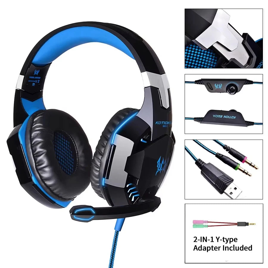 Gaming headset with blue accents and additional features on a white background