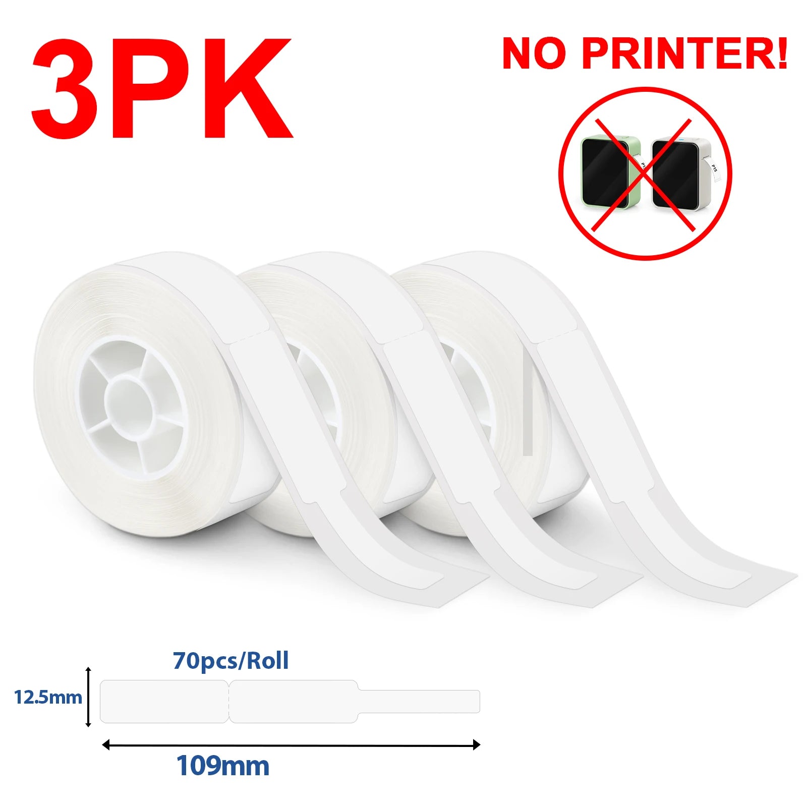 Three rolls of white tape with measurement details on a white background