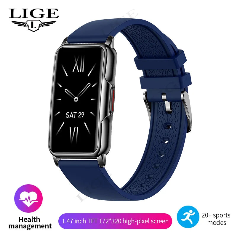 Smartwatch with blue strap on a white background, featuring LIGE branding.