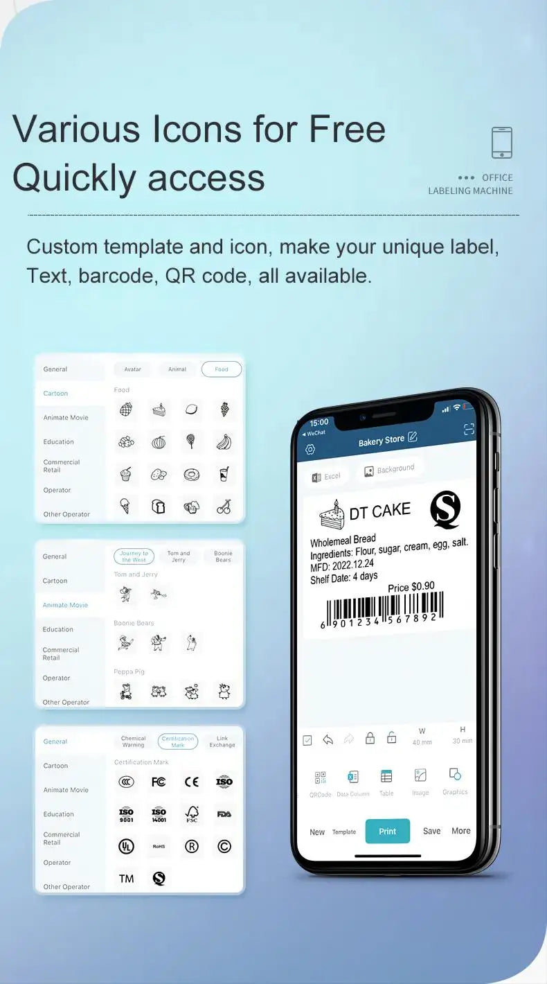 Phone screen with label app interface and icon selection on a blue background