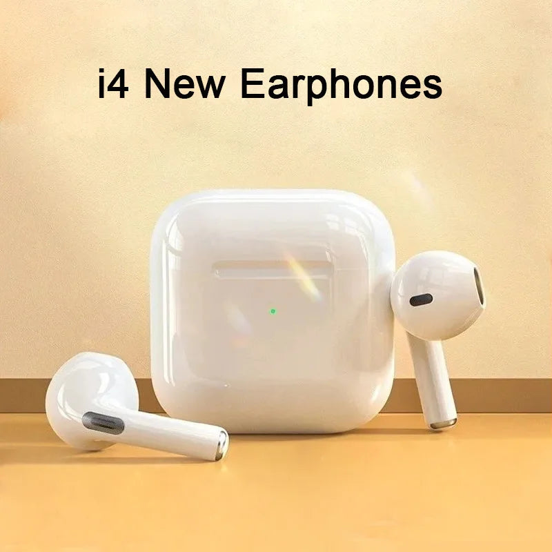 White wireless earphones with charging case on a beige background, labeled 'i4 New Earphones'.