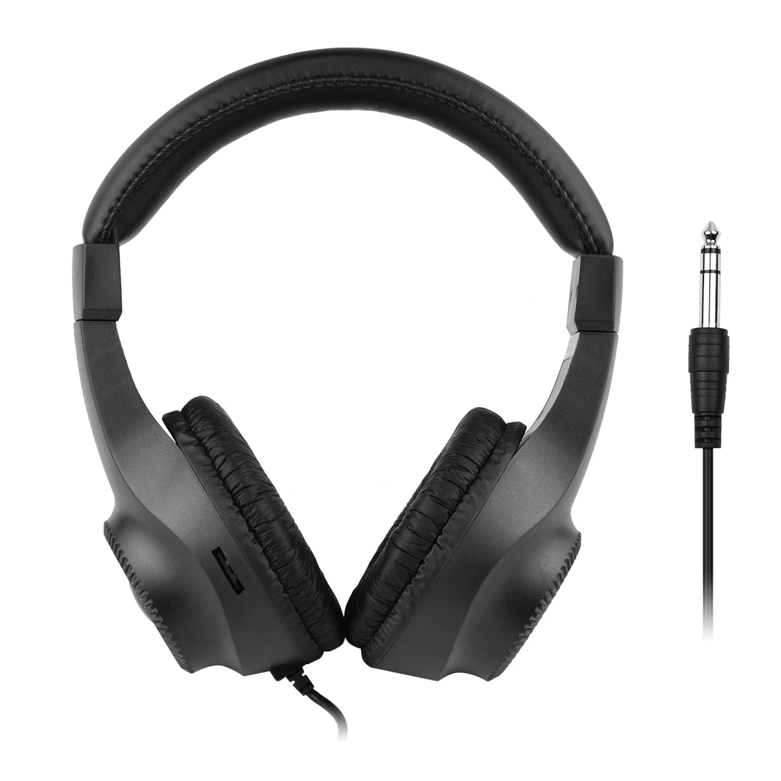 Black headphones with a cable on a white background