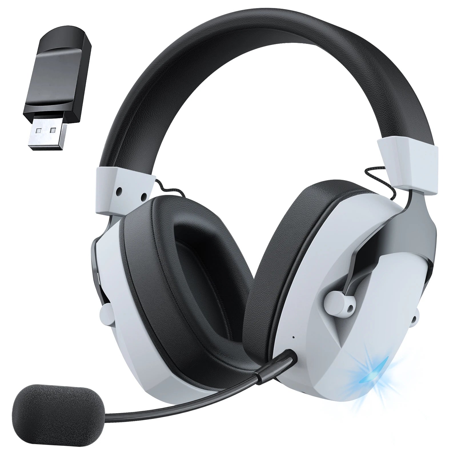 Black and white gaming headset with USB adapter on a white background