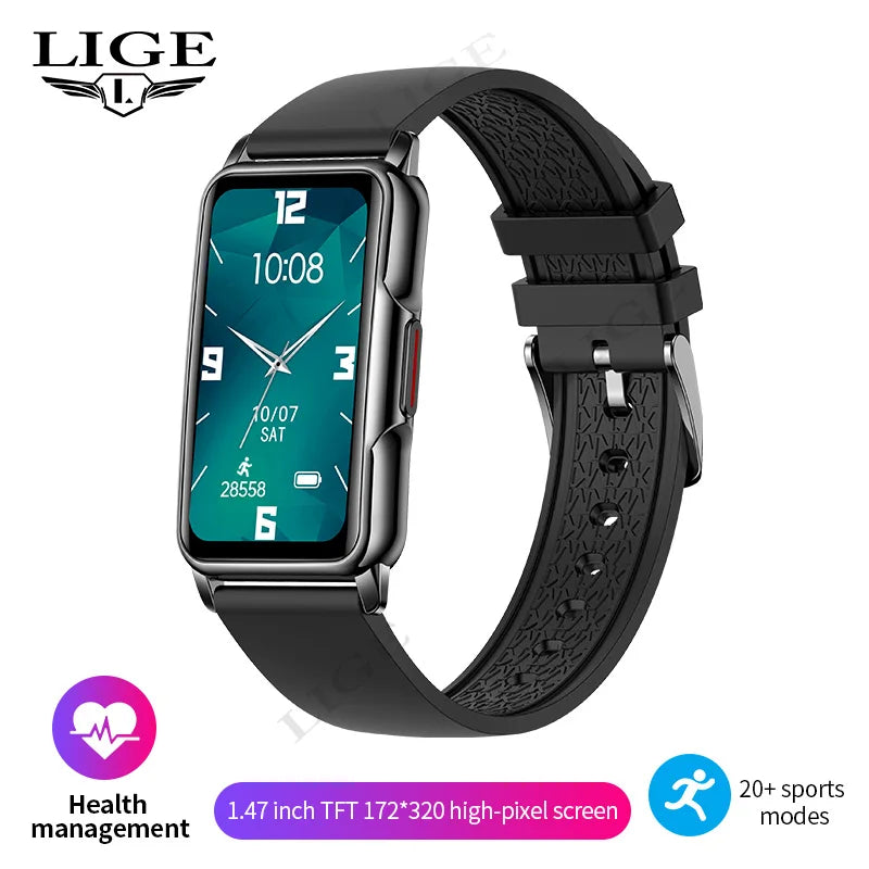 Black smartwatch with a digital display on a white background, featuring the brand 'LIGE'.