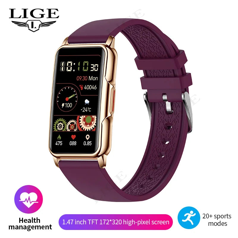 Smartwatch with a purple band on a white background, featuring the brand 'LIGE'.