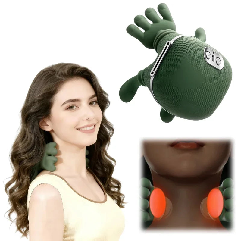 Woman wearing green neck massager with close-up inset on a white background