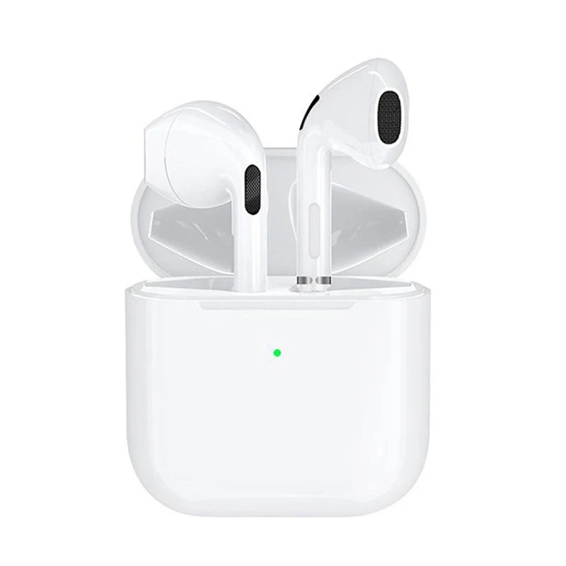 White wireless earbuds in a transparent charging case on a white background