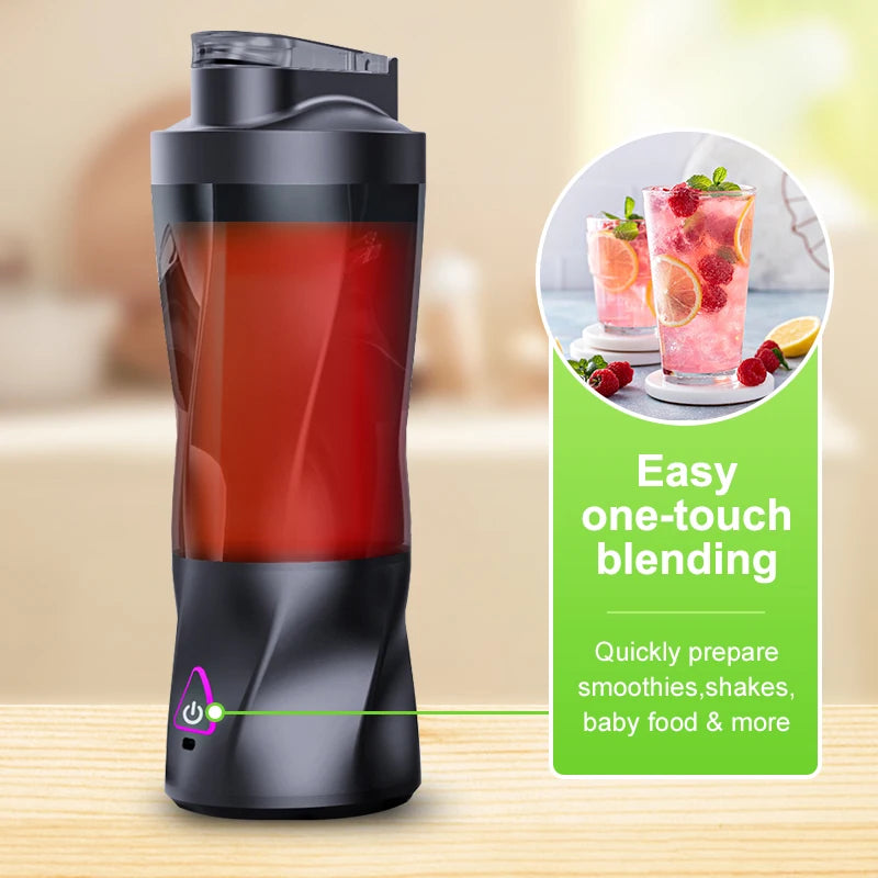 Black blender bottle with red liquid on a wooden surface, featuring an inset of smoothies and text about easy one-touch blending.