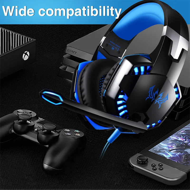 Gaming headset with LED lights on a gaming console and smartphone setup