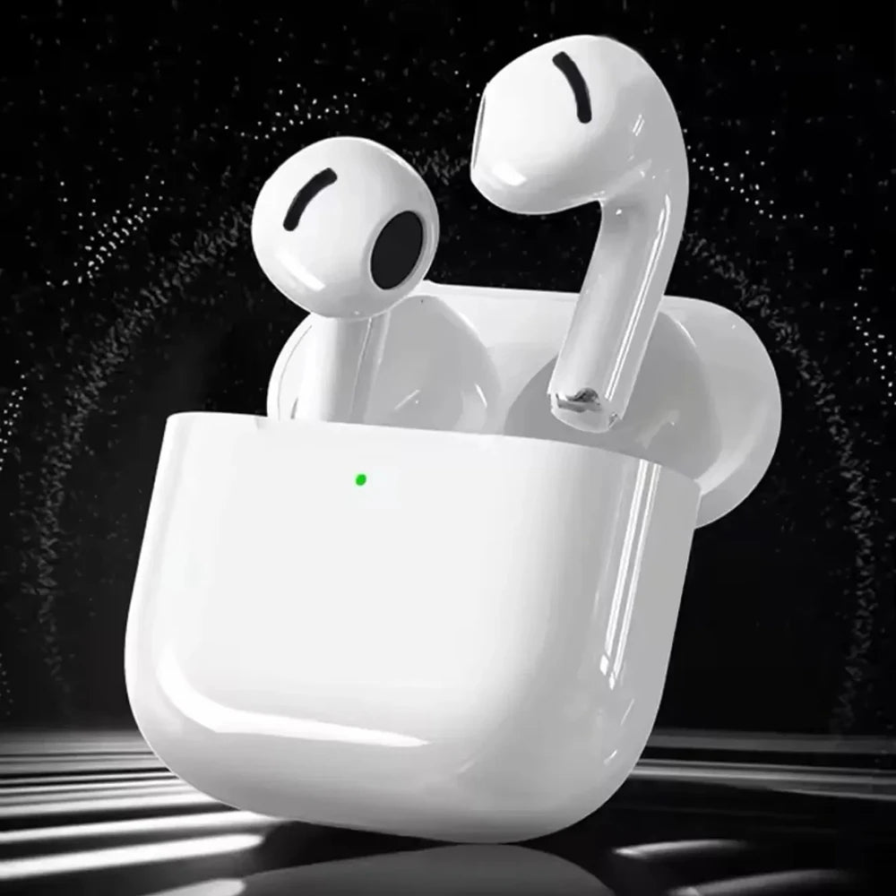 Wireless earbuds in a white charging case on a dark background