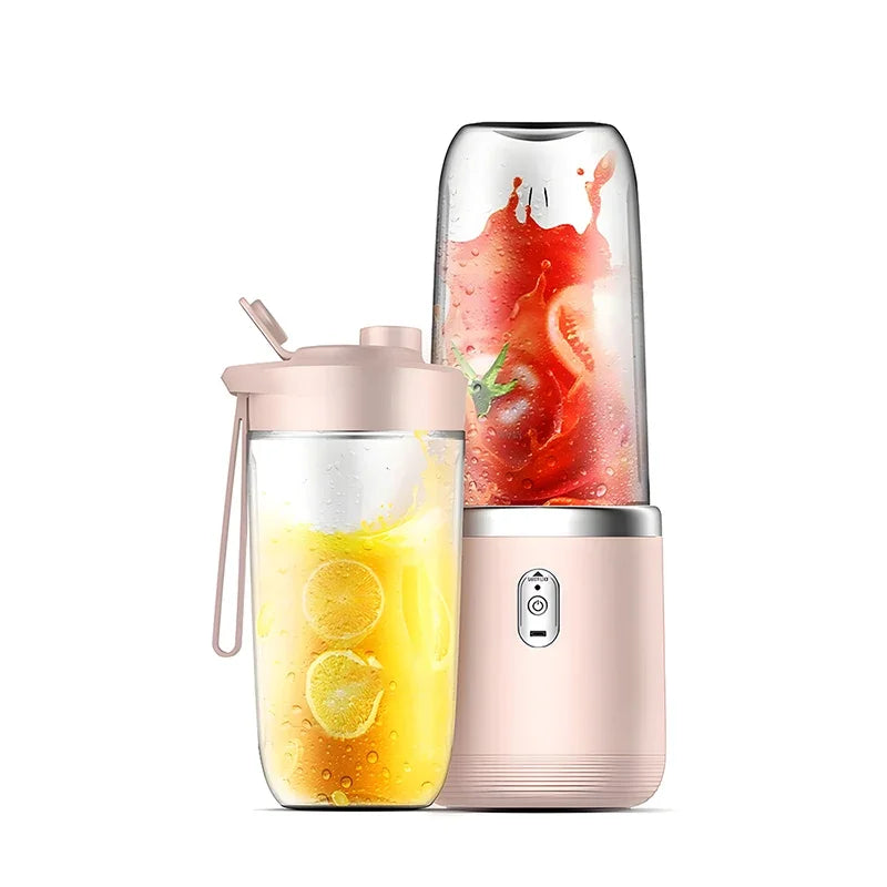 Portable blender with a pink lid and base, containing a yellow liquid and fruit inside on a white background.