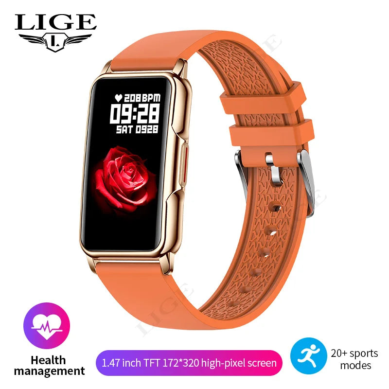 Smartwatch with orange band on a white background, displaying health and fitness features.