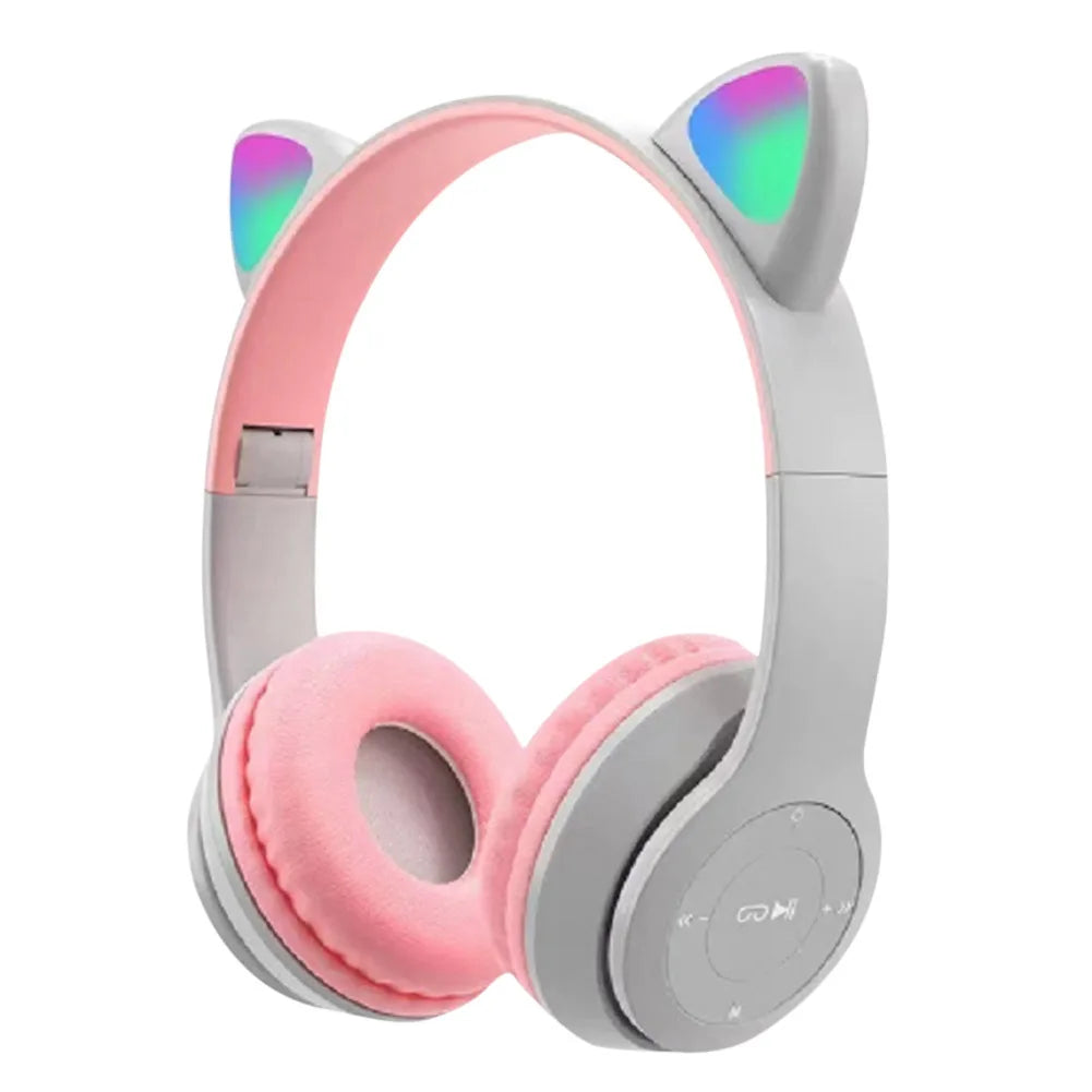 Pink and gray headphones with cat ear design on a white background