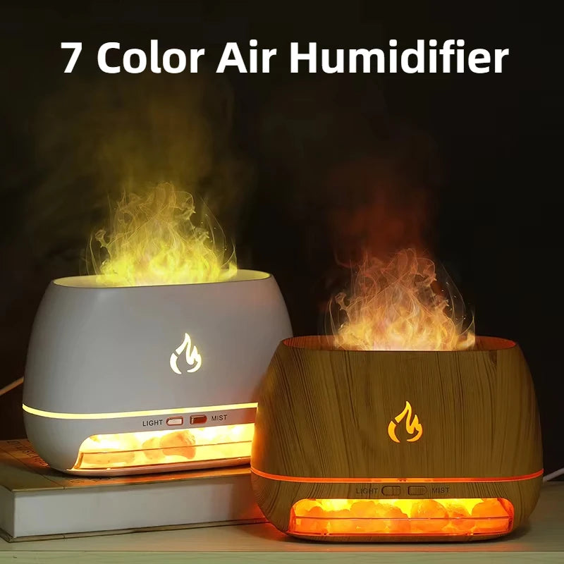 Two air humidifiers with flame design on a dark background