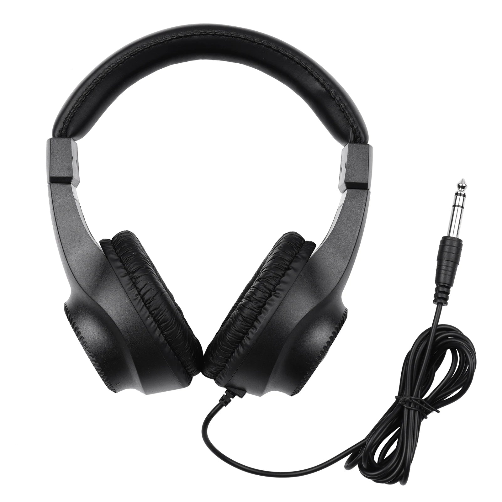Black headphones with a cable on a white background
