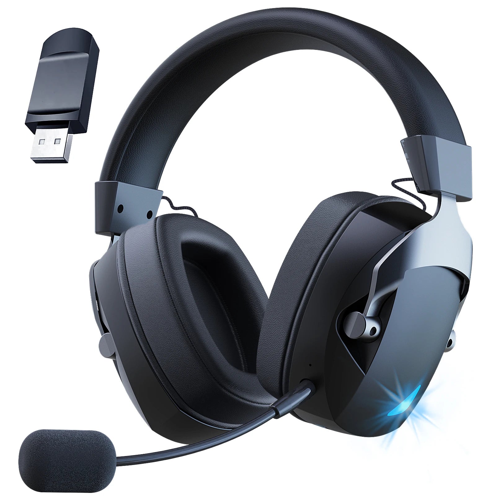 Black gaming headset with USB adapter on a white background