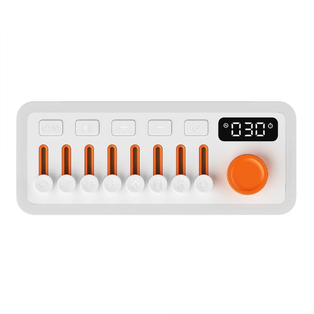 White electronic device with orange buttons and a digital display on a white background