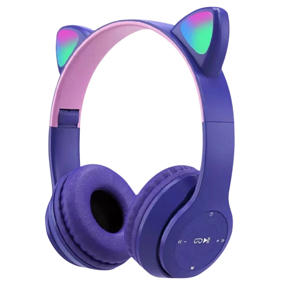 Purple headphones with cat ear design on a white background
