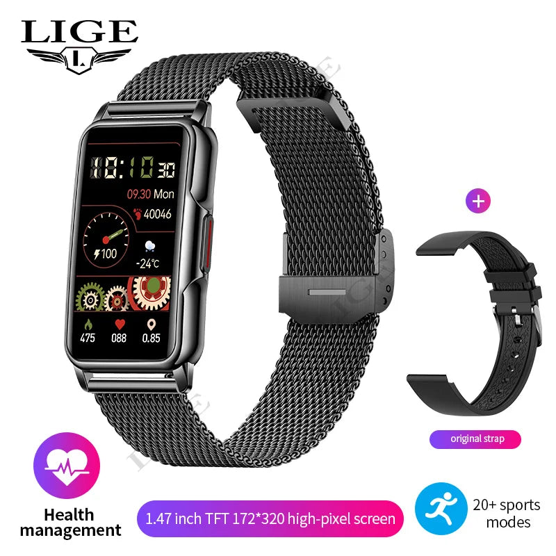Smartwatch with mesh band and additional strap on a white background, featuring LIGE branding.