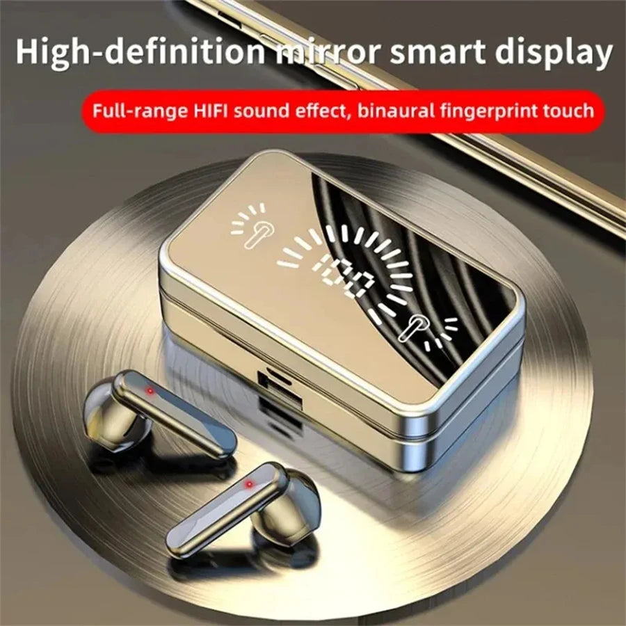 Gold high-definition mirror smart display with wireless earbuds on a reflective surface