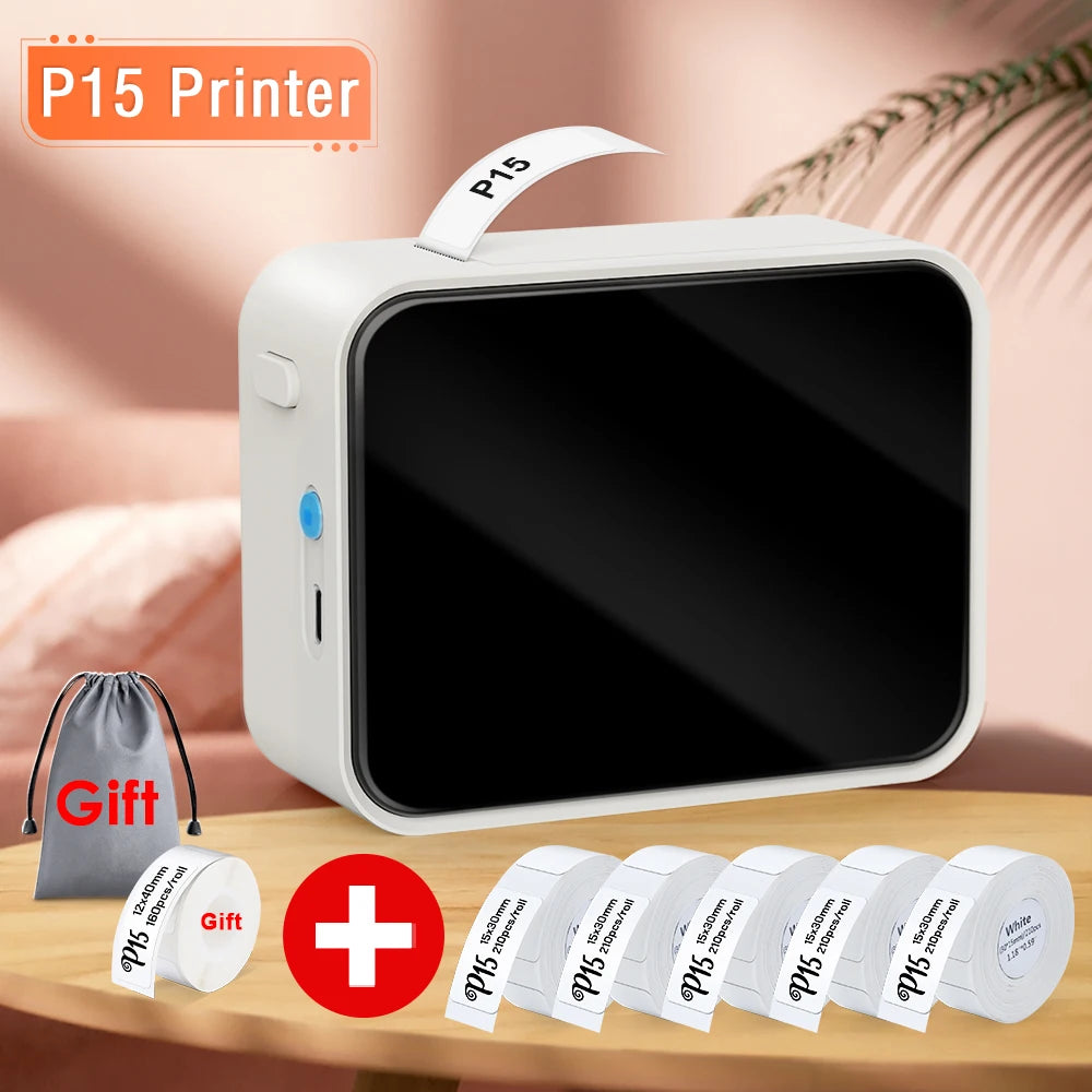 P15 printer with rolls of paper and a gift bag on a wooden surface