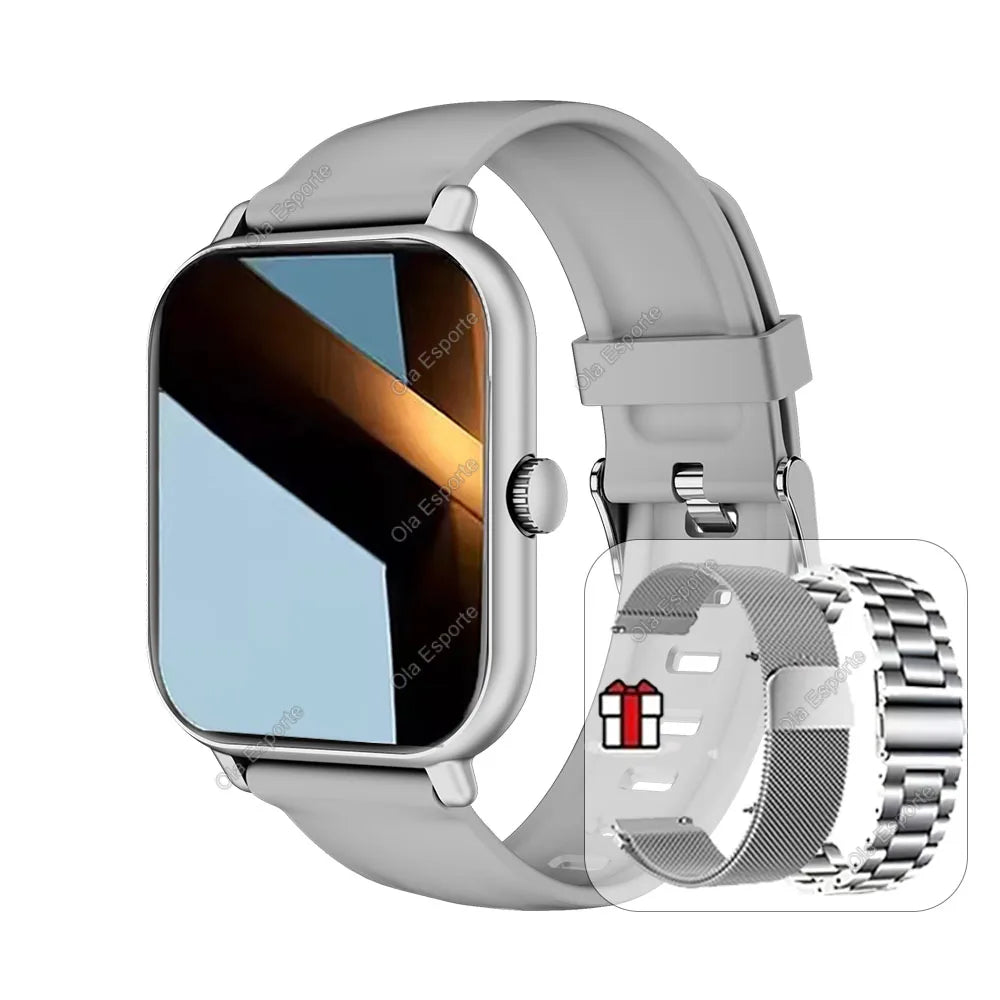 Smartwatch with a silver band and additional band design on a white background