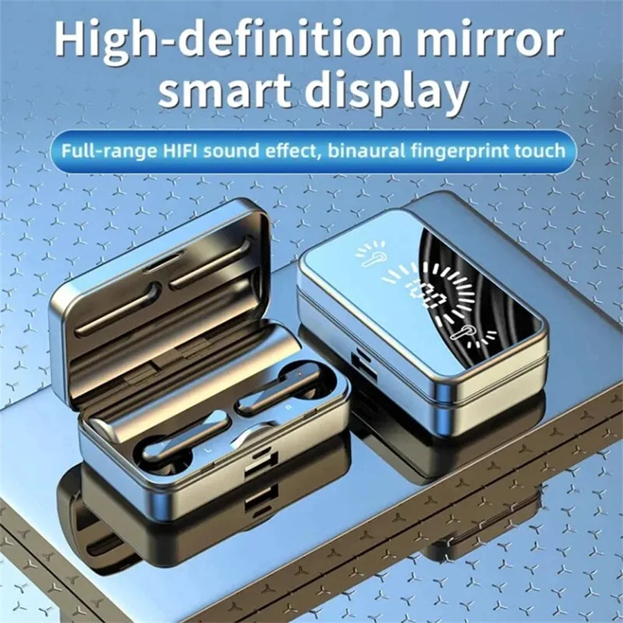 High-definition mirror smart display with open case on a blue geometric pattern background