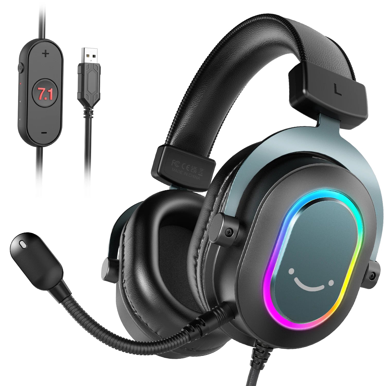 Gaming headset with RGB lighting and control panel on a white background