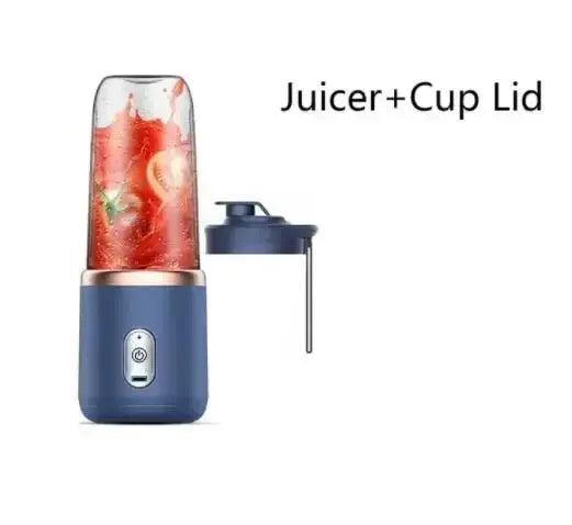 Blue portable juicer with a red juice blend inside on a white background