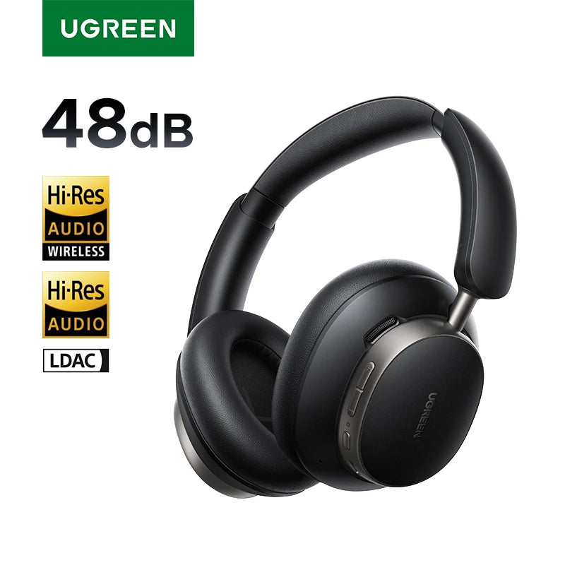 Black headphones with UGREEN branding and audio feature indicators on a white background