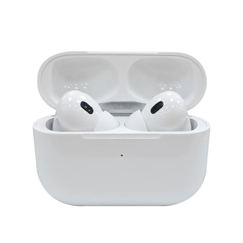 White wireless earbuds in a charging case on a white background