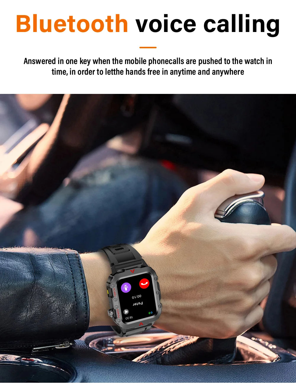 Smartwatch being used for Bluetooth voice calling with a person driving.