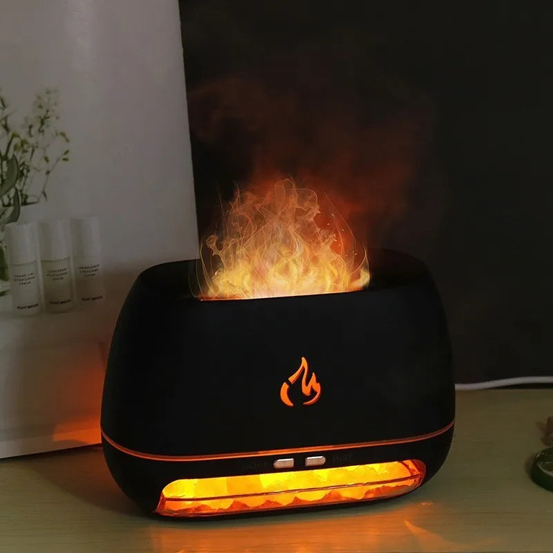Black electronic device with flame design on a table