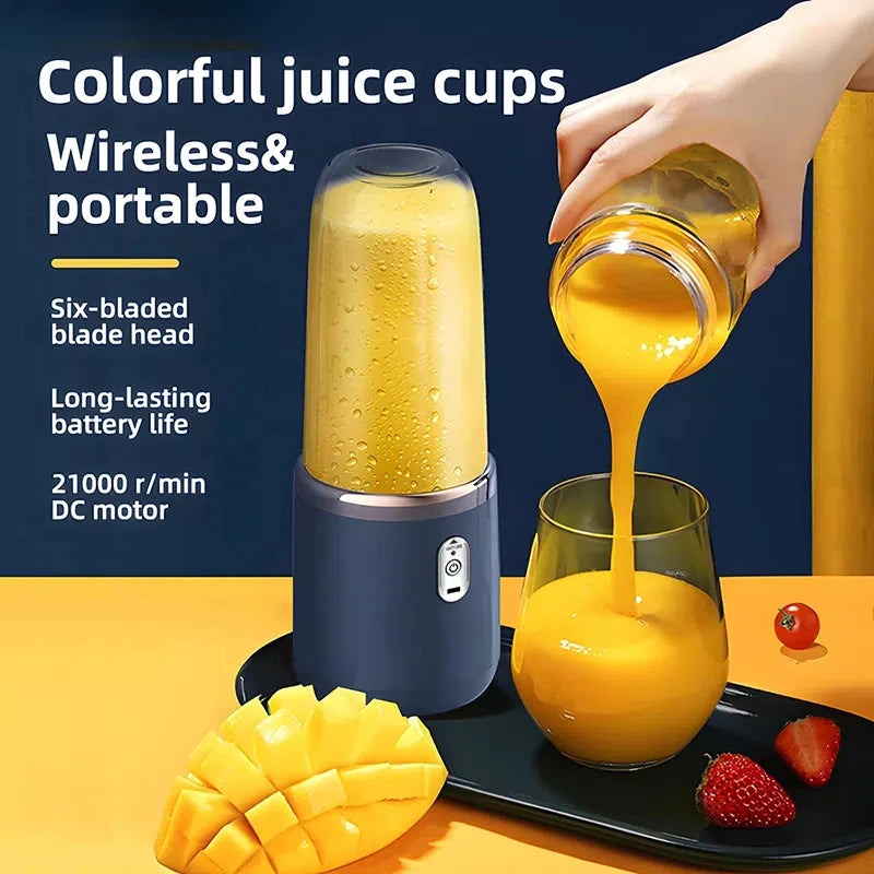 Portable blender with juice being poured into a glass, surrounded by fruits on a yellow background.