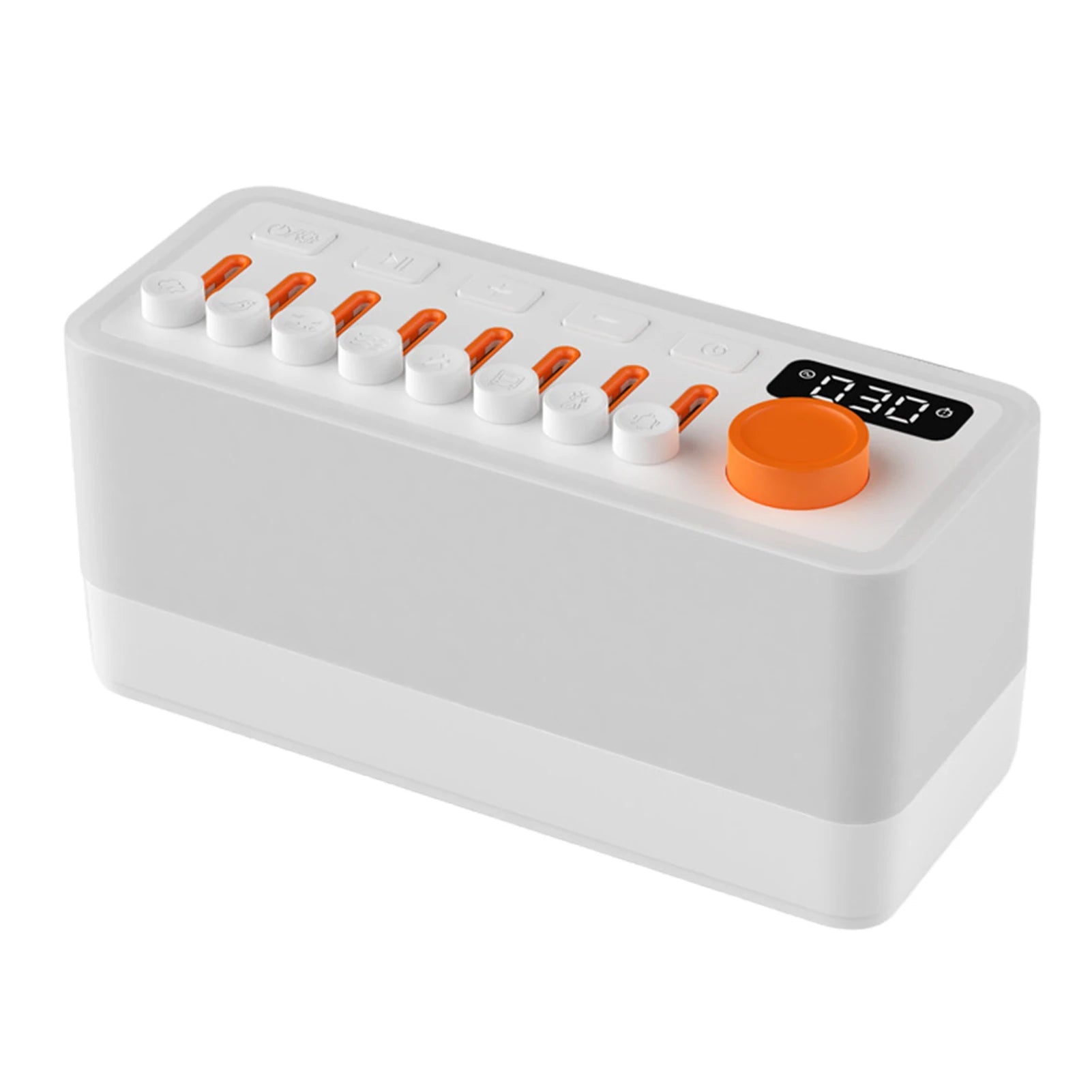 White electronic device with orange buttons on a white background