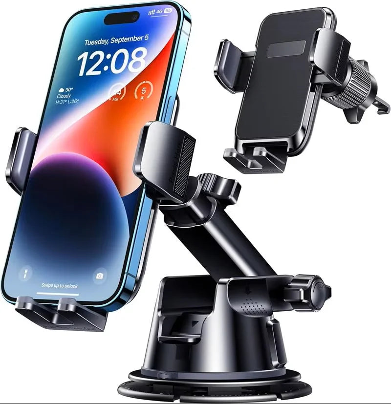 Phone holder with smartphone displaying a colorful screen on a white background